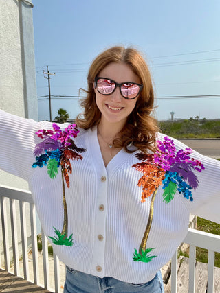 Queen of Sparkles-White Multi Palm Tree Cardigan