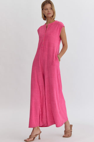 Hot Pink Sleeveless Textured Jumpsuit