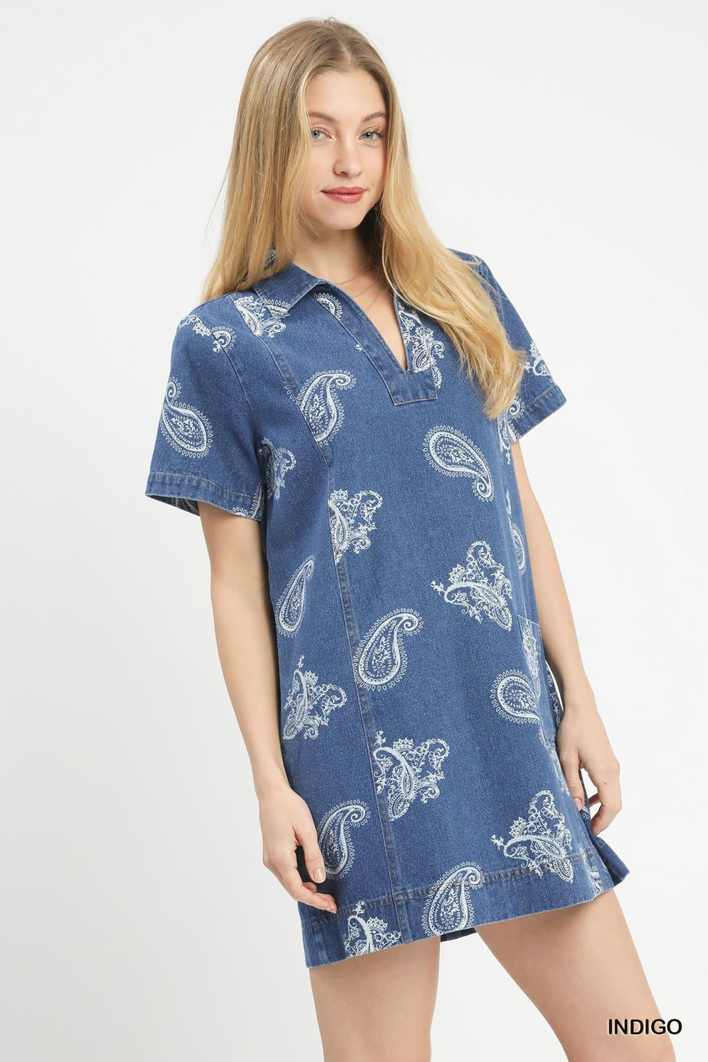 Denim Paisley Print Short Sleeve Dress S
