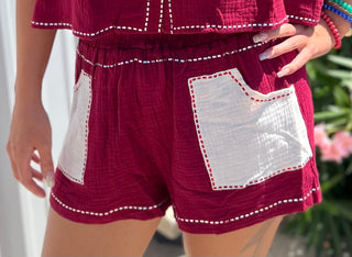 Queen of Sparkles Maroon & White Gauze - Shorts
