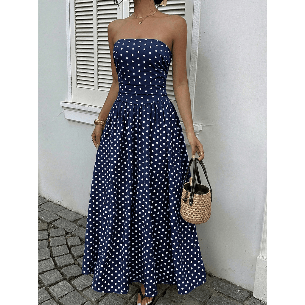 Polka Dot Strapless Sleeveless Waist-Cinching Dress Navy XL
