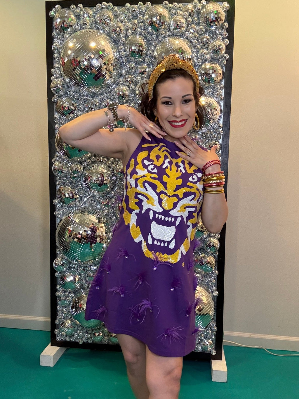 QOS Licensed LSU Mascot Scattered Jewel Feather Tank Dress