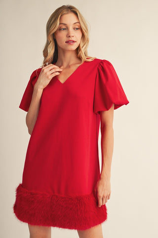 Winter Darling Puff Sleeve Dress - Red