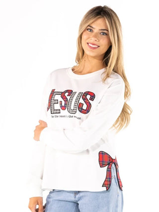 Festive Faith Plaid Bow Pullover