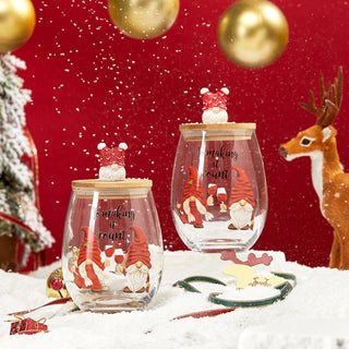 Christmas Gnome Wine Water Glasses With Dwarf Wood Cover Set Of 2 17 5OZ Santa Holiday Festive Gnome