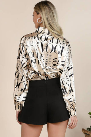 Satin Vogue Print Collar Button Down Shirt