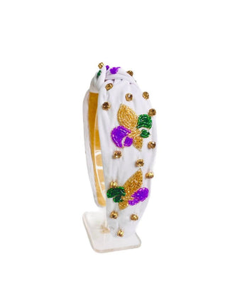 *Headband Knot - Mardi Gras - White with Sequin Fleur De Lis