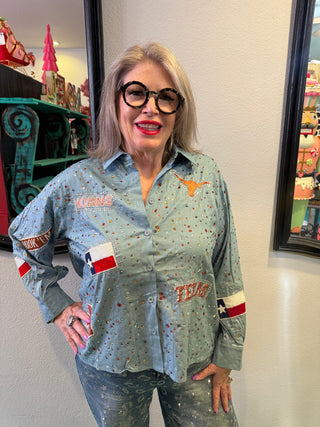 QOS Licensed Texas Denim Multi Rhinestone Scattered Logo Button Up Long Sleeve Top