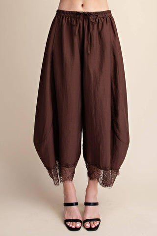Brown Cropped Lace Trim Balloon Pant