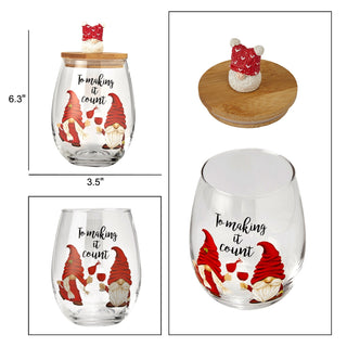 Christmas Gnome Wine Water Glasses With Dwarf Wood Cover Set Of 2 17 5OZ Santa Holiday Festive Gnome