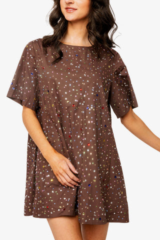 QOS Brown Multi Rhinestone Cotton Short Sleeve Dress