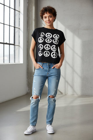 Distressed Peace Sign Cap Sleeve Tee