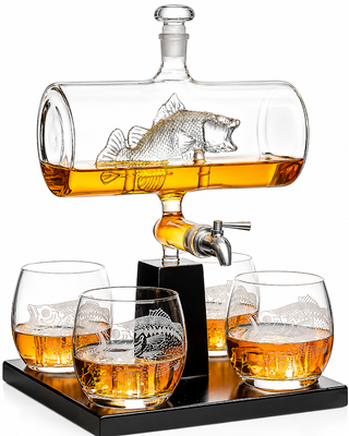 Bass Fish Wine Whiskey Decanter Set 1100ML By With 4 Bass Whiskey Glasses Fishing Gi