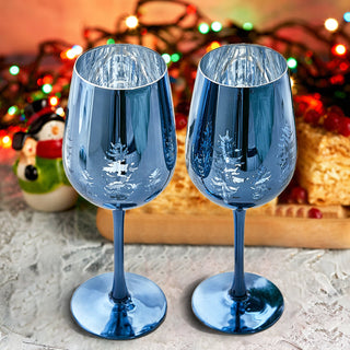 Crystal Christmas Tree Stemmed Wine Water Glasses Set Of 2 Holiday Themed Vibrant Blue Etched Winter