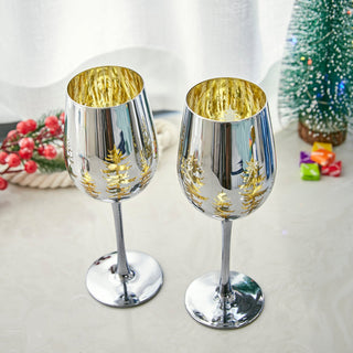 Crystal Christmas Tree Stemmed Wine Water Glasses Set Of 2 Holiday Themed Vibrant Gold Etched Winter