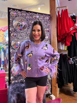 QOS Purple Multi Ducks Feather Sleeve Button Up Cardigan
