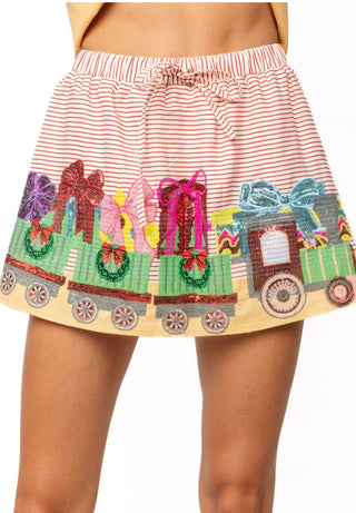 QOS Red Striped Christmas Train Cotton Skirt