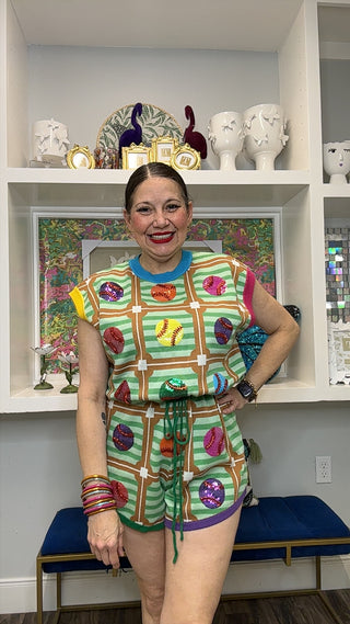 QOS Mint Baseball Field Diamond Multi Baseball Midi Tie Romper