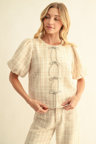 Sparkling Tweed Top W/Rhinestone Bow