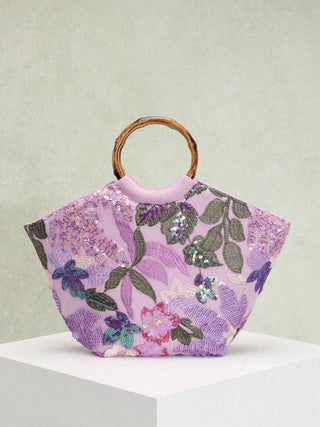 Seaside Embroidered Floral Tote- Light Purple