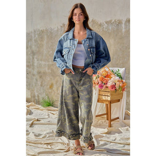 CAMOUFLAGE DENIM RUFFLED HEM MID RISE BLOOMER PANTS