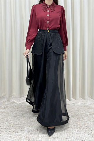 Organza Wide Leg Pants W/Embellished Pockets - Black