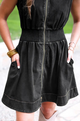 Refined Denim Zipper Dress- Black