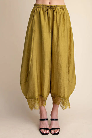 Lace-Kissed Olive Balloon Pants