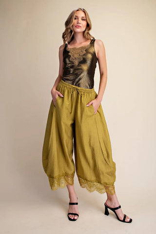 Lace-Kissed Olive Balloon Pants