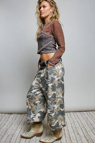 Vintage Washed Printed Twill Wide-Leg Woven Pants