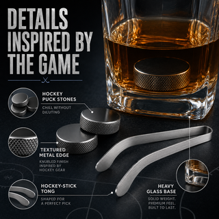 Hockey Whiskey Stones Set 7pcs 4 Hockey Puck Chill Stones With Cooling Gel Hockey Stick Tongs 2 Clas