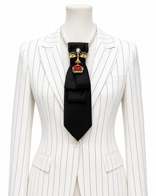 Custom Necktie Necklace-Black Satin w Designer Face Brooch