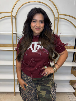 QOS Licensed Texas A&M Mascot Scattered Jewel Feather Short Sleeve Sweater