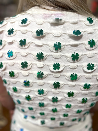 Queen Of Sparkles-White And Green Four Leaf Clover Palette Sweater Tank