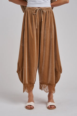 Velvet Lace Hem Balloon Pants - Taupe
