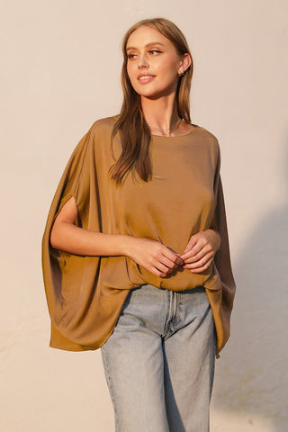 Moonlit Draped Silk Caftan Top - Camel