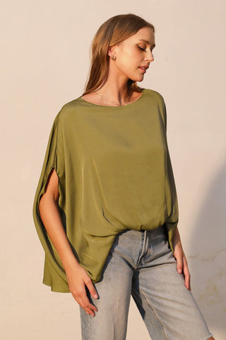 Moonlit Draped Silk Caftan Top - Moss