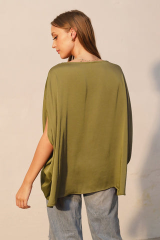 Moonlit Draped Silk Caftan Top - Moss