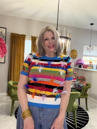 QOS Multi Stripe Feather Short Sleeve Sweater