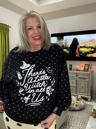 QOS Licensed Black Scattered Rhinestone 'There's a Little Witch In All Of Us' Sweatshirt