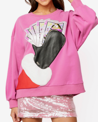 QOS Pink Santa Hand Holding QOS Logo Card Rhinestone Sweatshirt