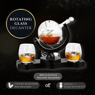 Rotating Whiskey Decanter Globe Set With 2 10OZ Etched Whiskey Glasses 29 Oz Moving Interactive Worl