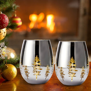 Crystal Christmas Tree Stemless Wine Water Glasses Set Of 2 Holiday Themed Vibrant Gold Etched Winte