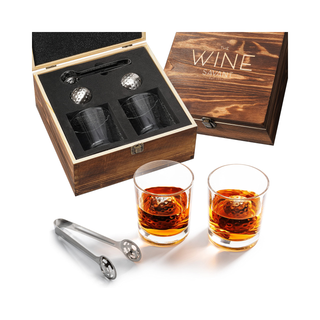 Luxurious Bar Gift Set Golf Whiskey Glasses Golf Ball Chillers Tongs Set In Premium Wood Box By The