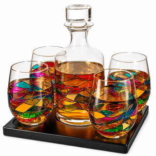 Whiskey Wine Decanter Set Stain Glass Premium Barware Gift Elegant Drinkware Collection
