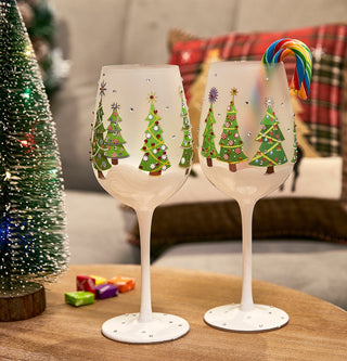 Set Of 2 Stemmed Christmas Tree Design Wine Glasses Hand Painted 14 Oz Decorated Christmas Tree Glas