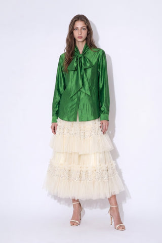 The Satin Grace Tie-Neck Blouse - Green