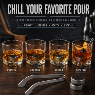 Hockey Whiskey Stones Set 7pcs 4 Hockey Puck Chill Stones With Cooling Gel Hockey Stick Tongs 2 Clas