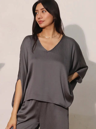 Hammered Graphite Satin Caftan Top