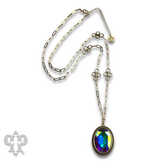 Large oval crystal pendant and flower chain necklace